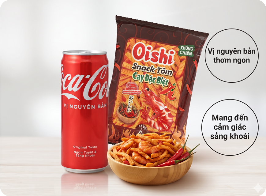 Combo gói Oishi Tôm cay & nước ngọt Coca lon 320ml